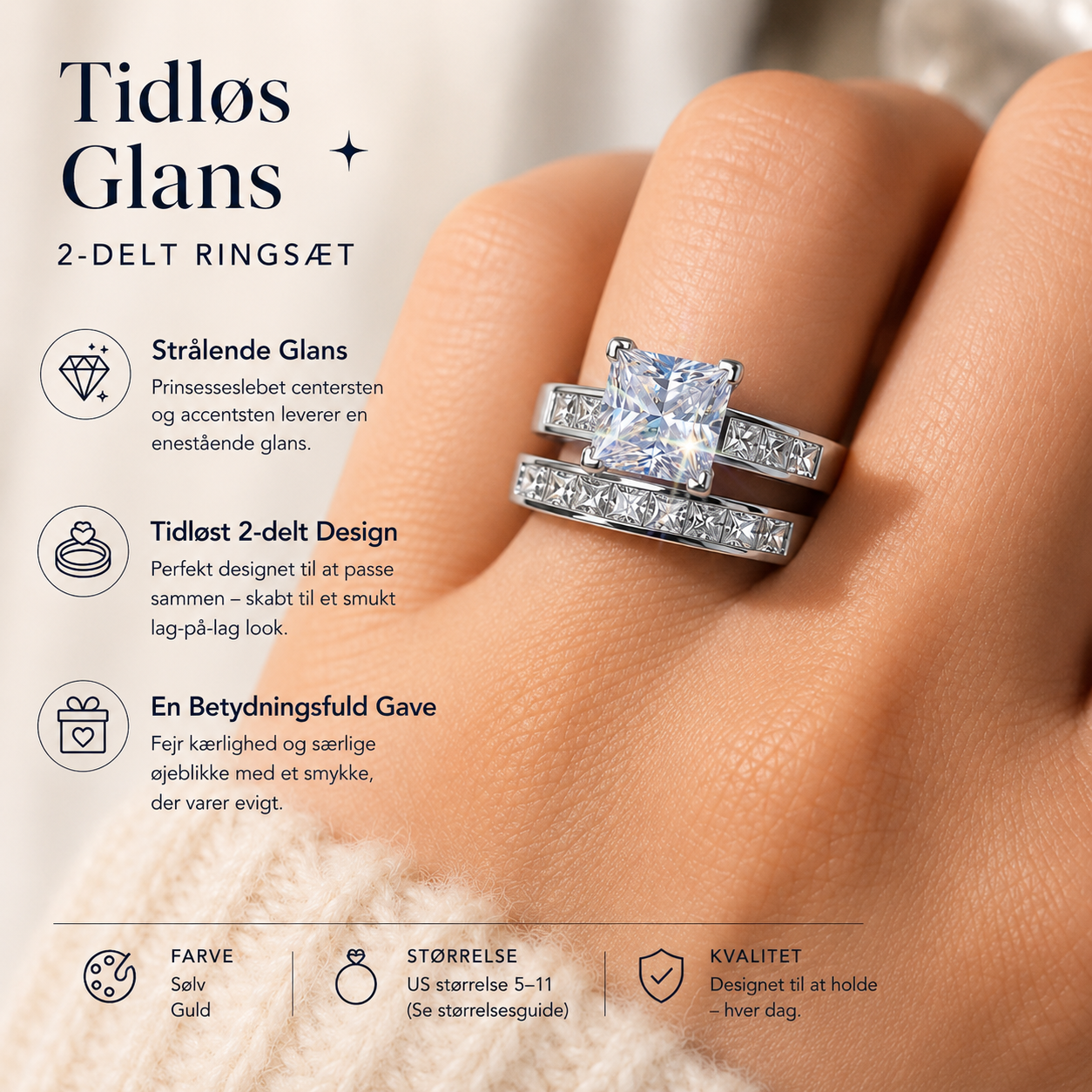 Eloria™ 2-Delt Ring Sæt med Prinsesseslebne Ste