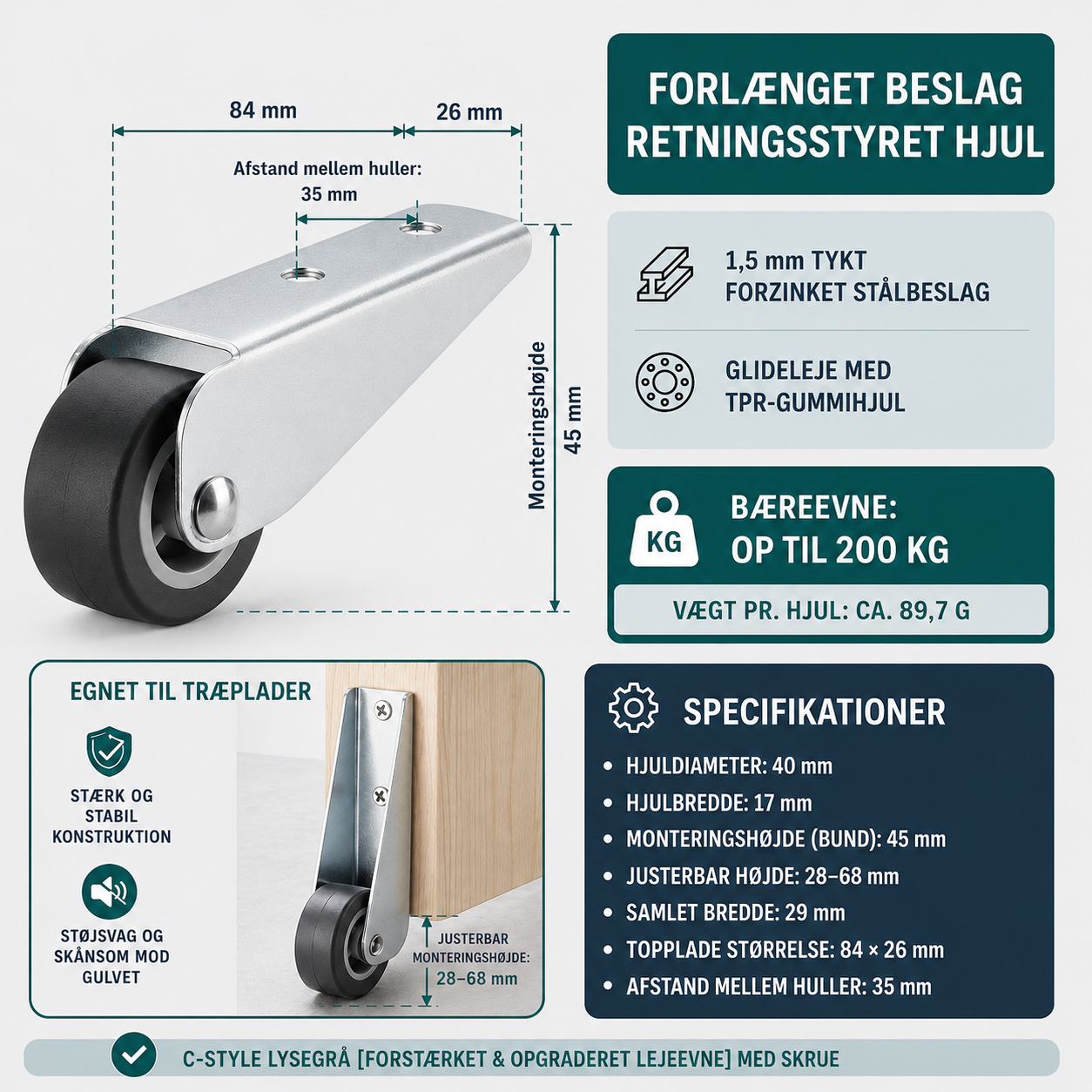 GlideRoll™ | Hjul til Møbler og Porte (4 stykker)