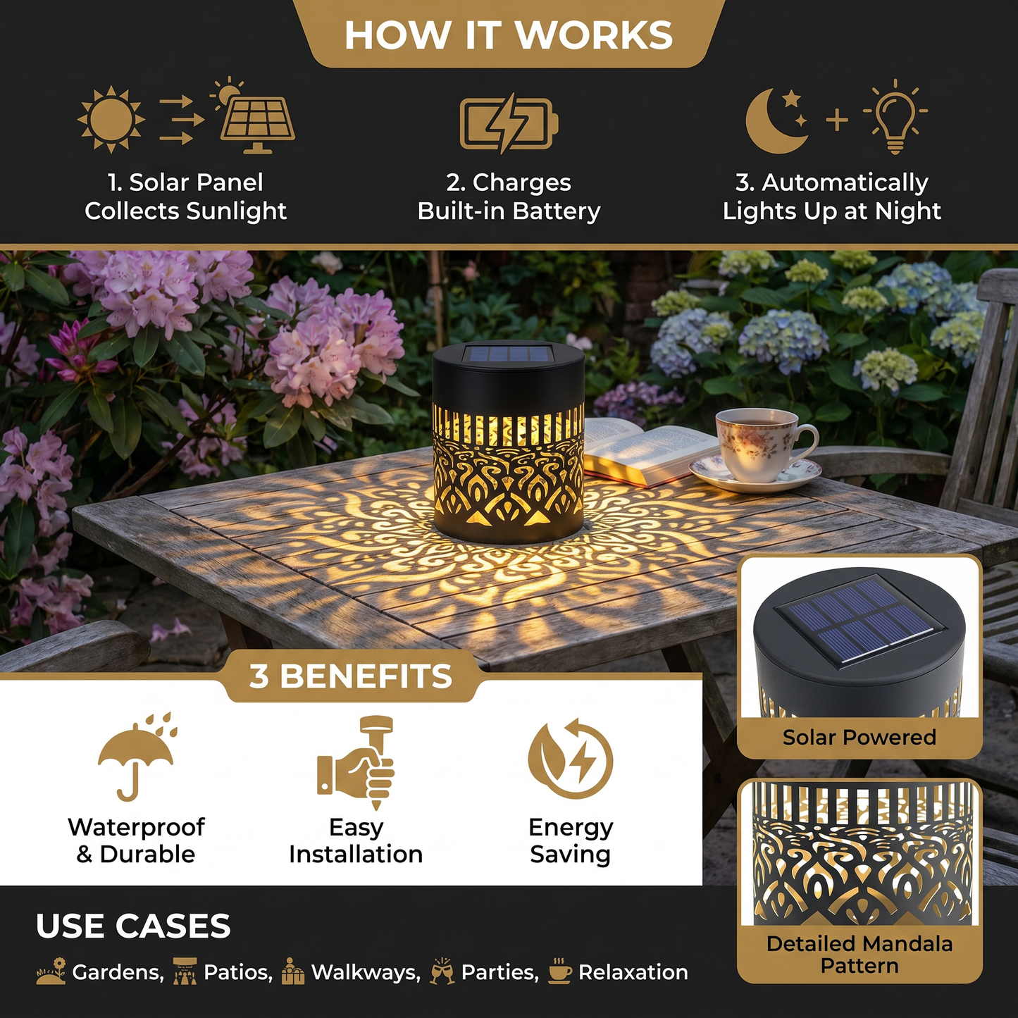 NordGlow™ | Soldrevet Mandala Havelampe